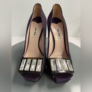 Miu Miu Purple Suede Crystal Embellished Peep Toe Platform Pumps Size‎ 38